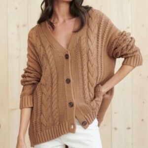 Jenni Kayne Cable Knit Cocoon Classic Preppy Cardigan Tan XS Oversized Fit VGUC